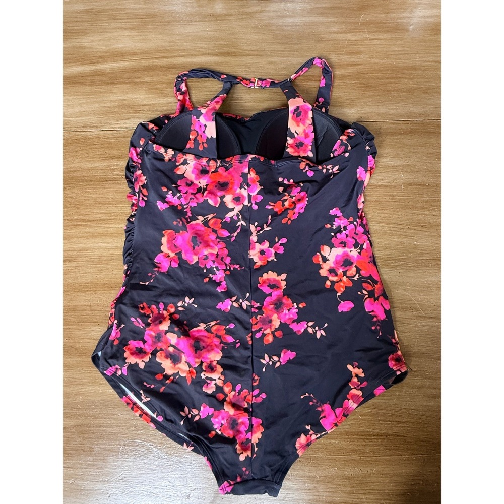 Swimsuits For All Floral One Piece Swimsuit Black Pink Ruched Halter Size 24 - Picture 4 of 9